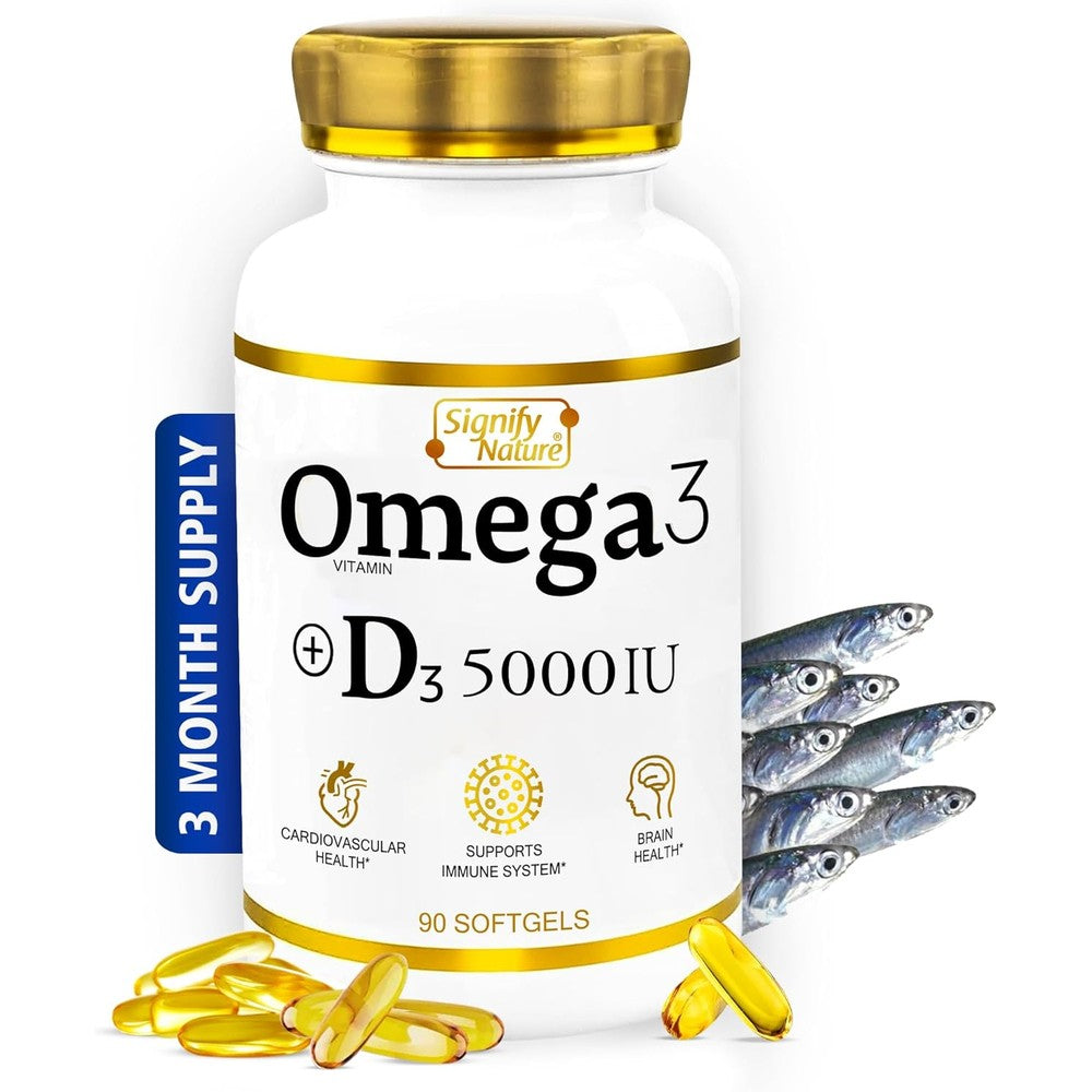 Signify Nature Omega 3 Fish Oil with Vitamin D3 90 softgels front bottle view for premium brain health supplements