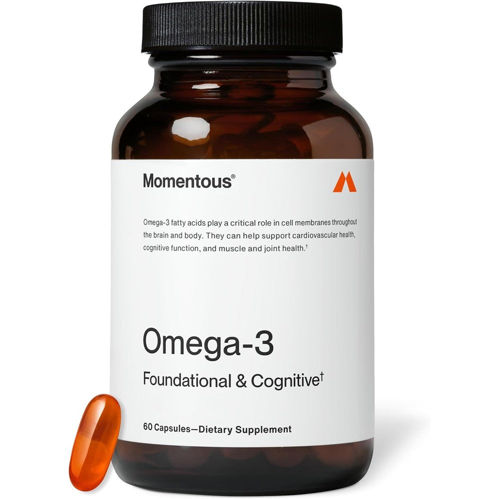 Momentous Omega 3 Fish Oil 1600mg front view of the premium white bottle showcasing the NSF Certified for Sport seal.