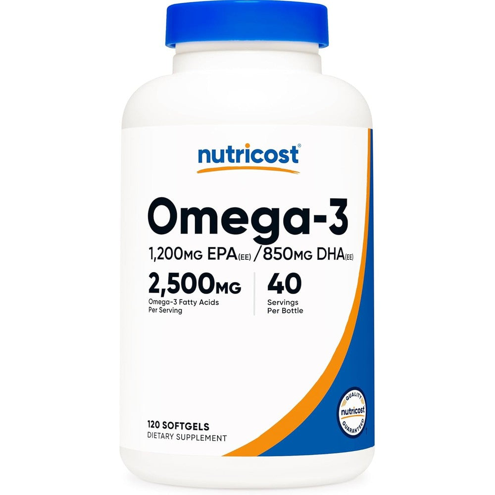 Nutricost Omega 3 Fish Oil 2500 Milligrams bottle front view showing triple strength formula details