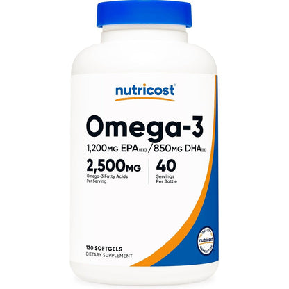 Nutricost Omega 3 Fish Oil 2500 Milligrams bottle front view showing triple strength formula details