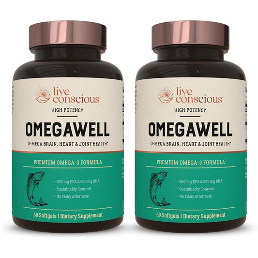 Live Conscious OmegaWell Fish Oil front view bottle showing premium 120 softgels packaging