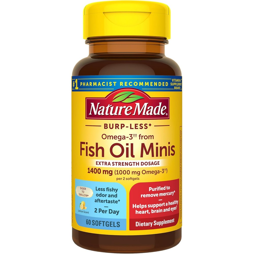 Nature Made Extra Strength Burp Less Fish Oil 1400 Milligrams Minis front bottle view for heart health support