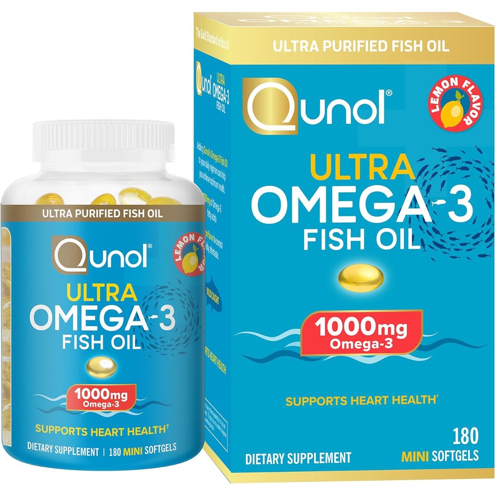 Qunol Ultra Omega 3 Fish Oil 180 mini softgels front view bottle