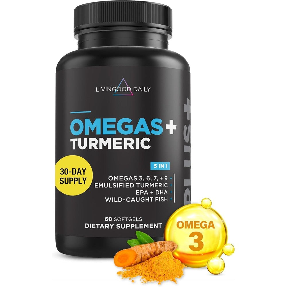 Livingood Daily Omega 3 6 9 Plus Turmeric Curcumin 60 Softgels front bottle view