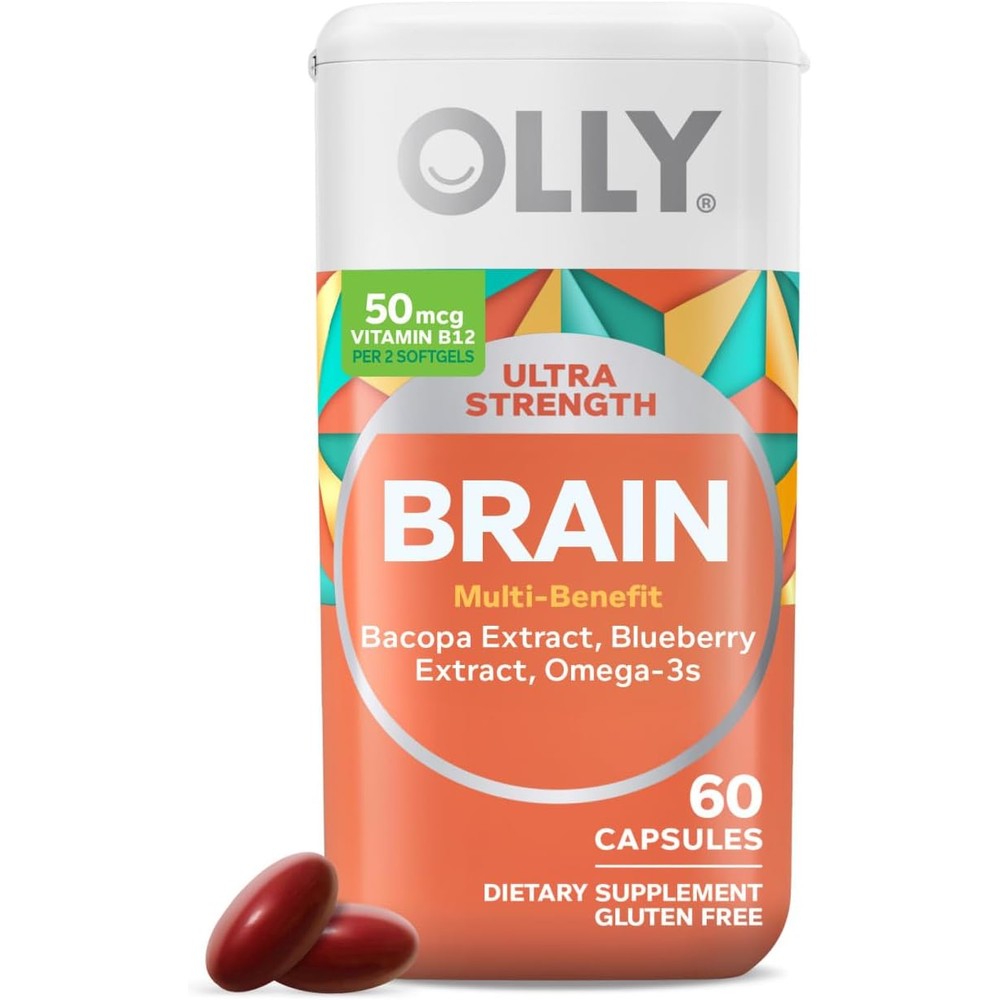 OLLY Ultra Strength Brain Nootropic 60 Softgels front view bottle for cognitive focus