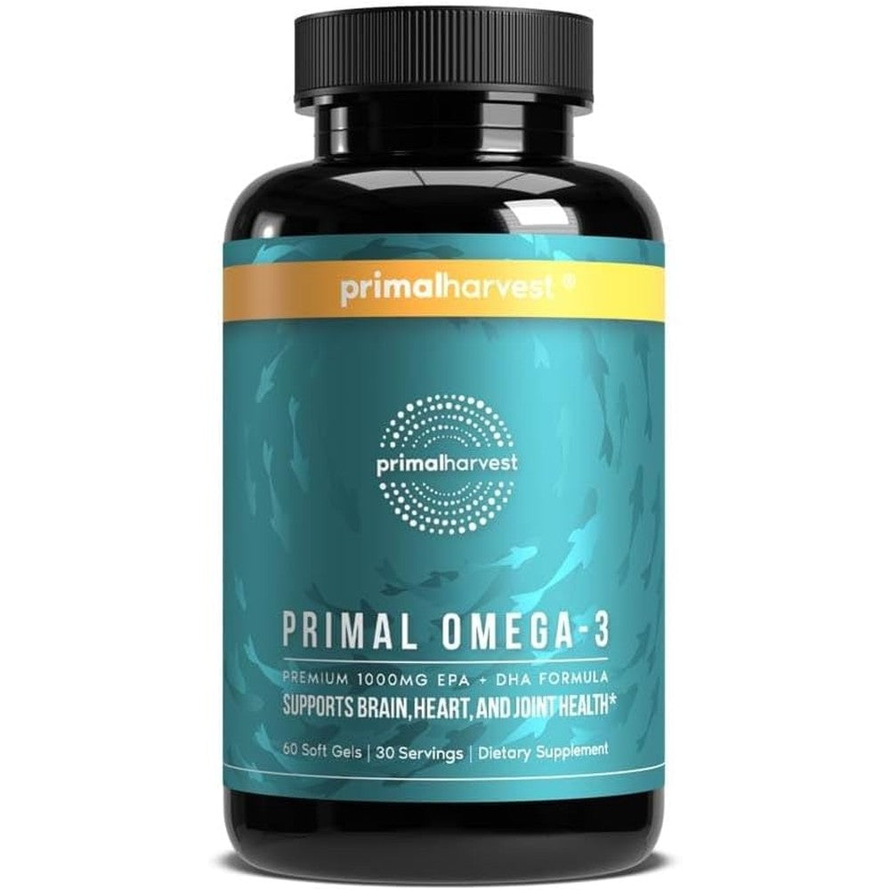 Primal Harvest Omega 3 Fish Oil 60 softgels bottle front view displaying the 1000mg EPA and DHA dosage information.