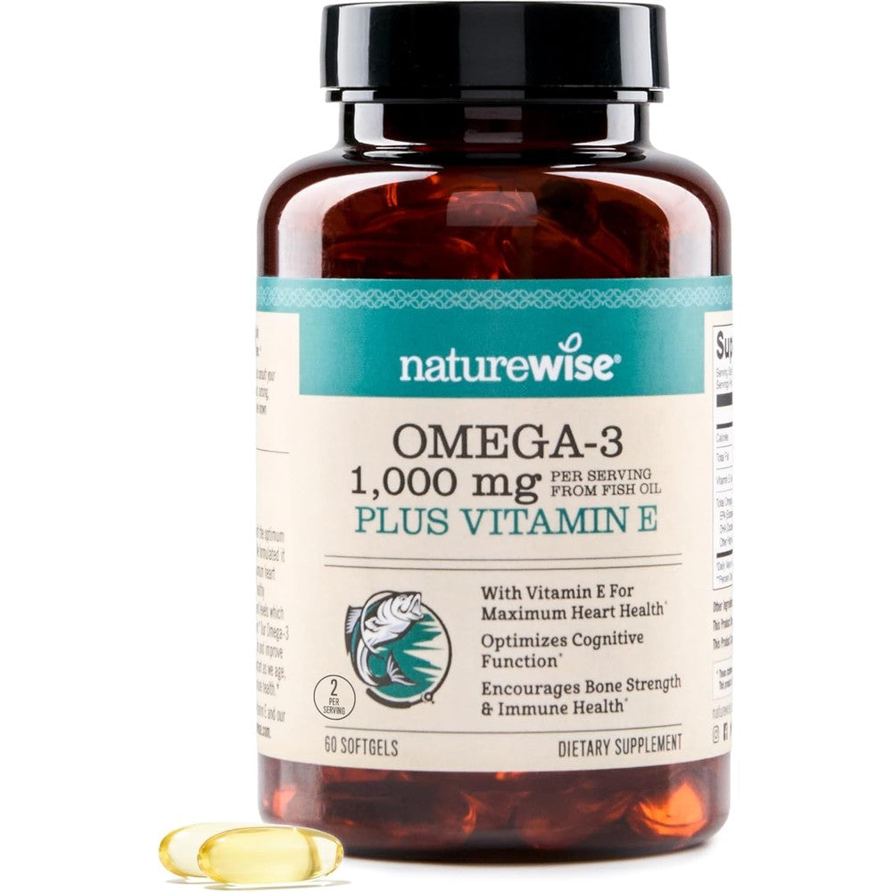 NatureWise Extra Strength Omega 3 Fish Oil 60 softgels front bottle view showing premium health supplement packaging.