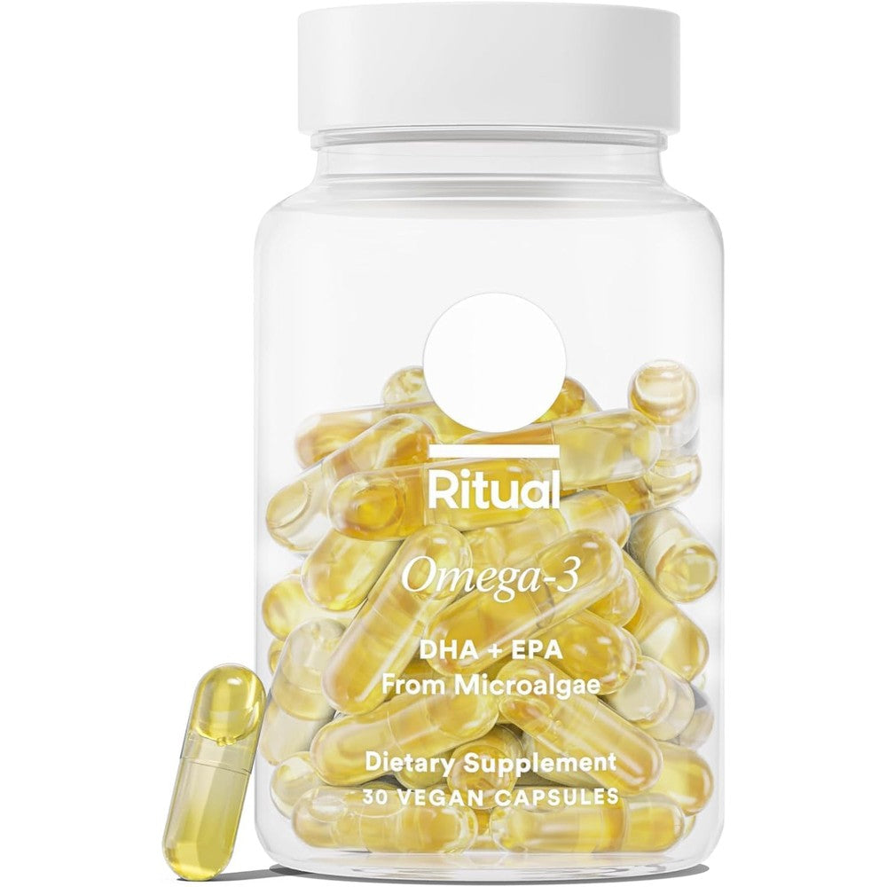 Ritual Vegan Omega 3 supplement bottle front view showing 30 capsules