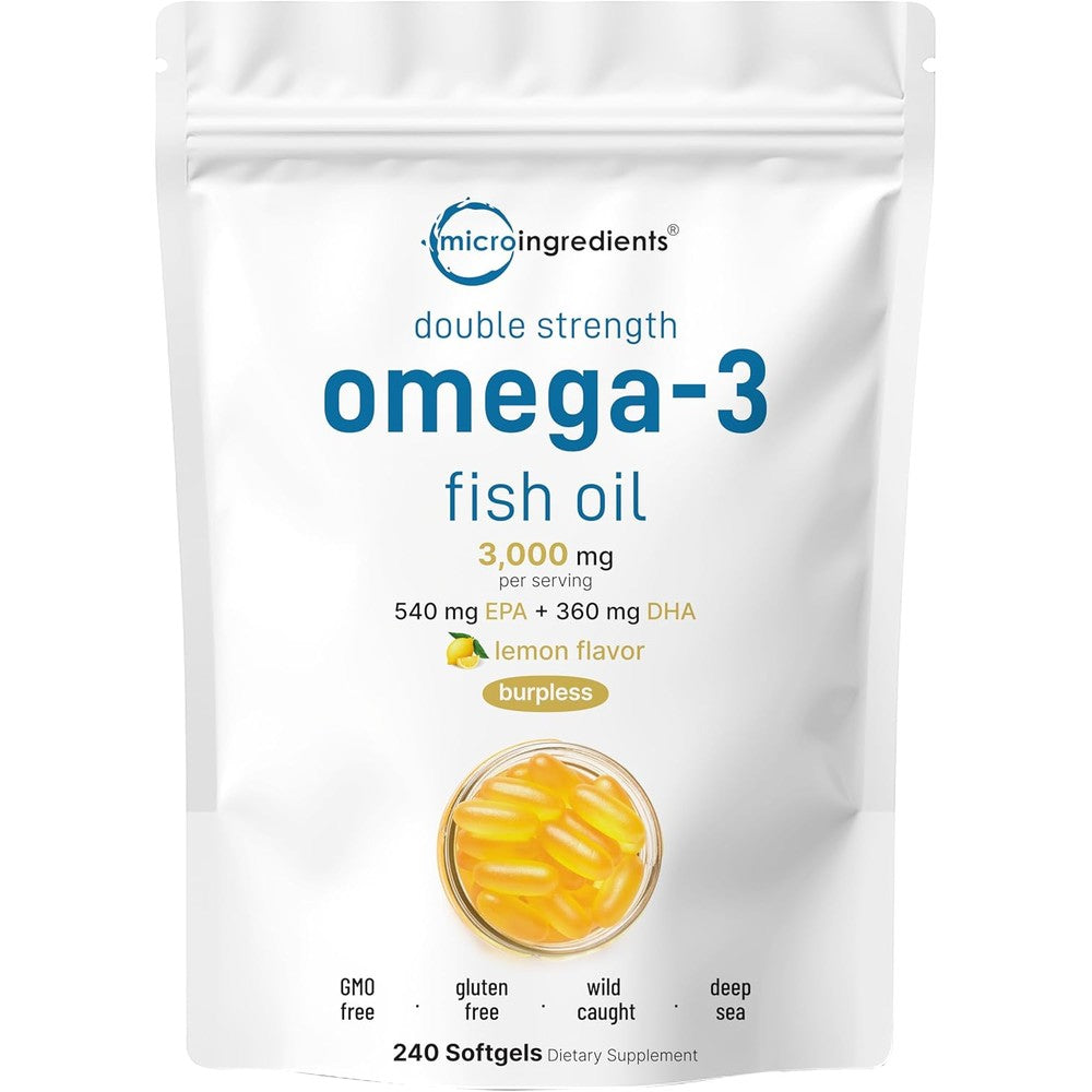 Micro Ingredients Omega 3 Fish Oil 3000 Mg 240 Softgels front pouch view showing authentic premium imported packaging