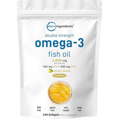 Micro Ingredients Omega 3 Fish Oil 3000 Mg 240 Softgels front pouch view showing authentic premium imported packaging