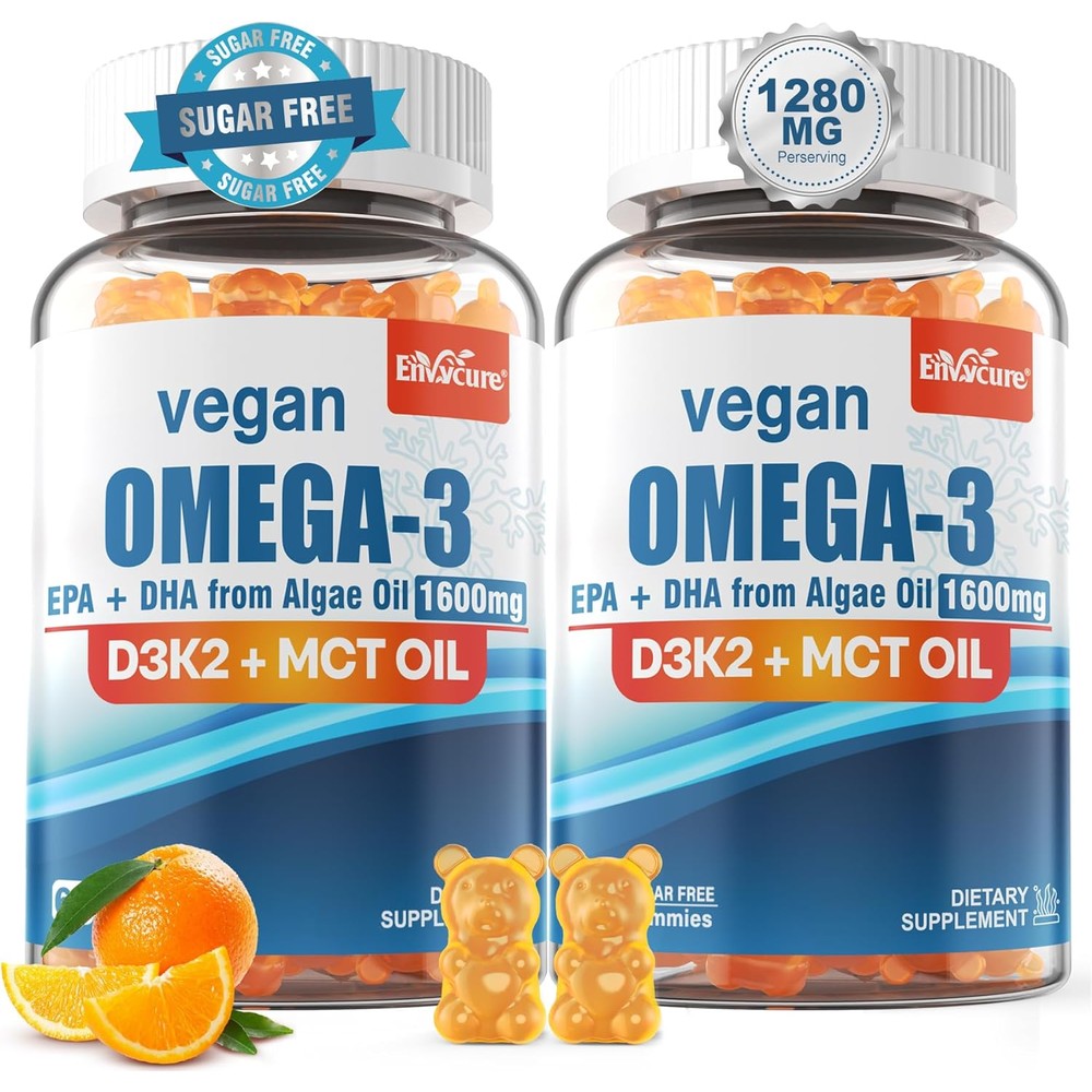 Envycure Vegan Omega 3 Gummies front view bottle packaging with orange flavor details.