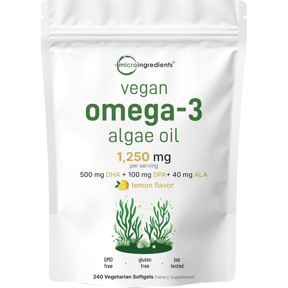 Micro Ingredients Vegan Omega 3 Algae Oil pouch front view showing product labels