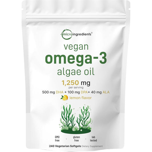 Micro Ingredients Vegan Omega 3 Algae Oil pouch front view showing product labels
