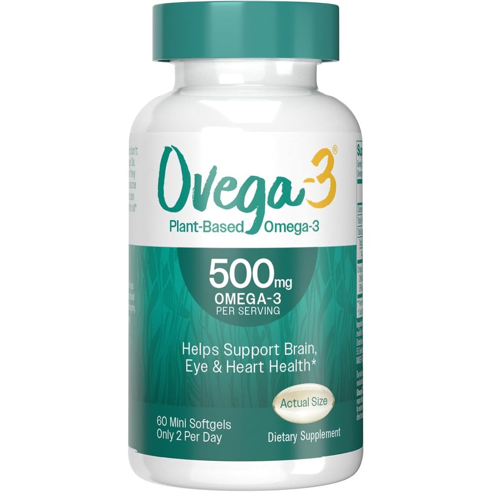 Ovega 3 Plant Based Omega 3 Algal Oil 60 capsules front bottle view