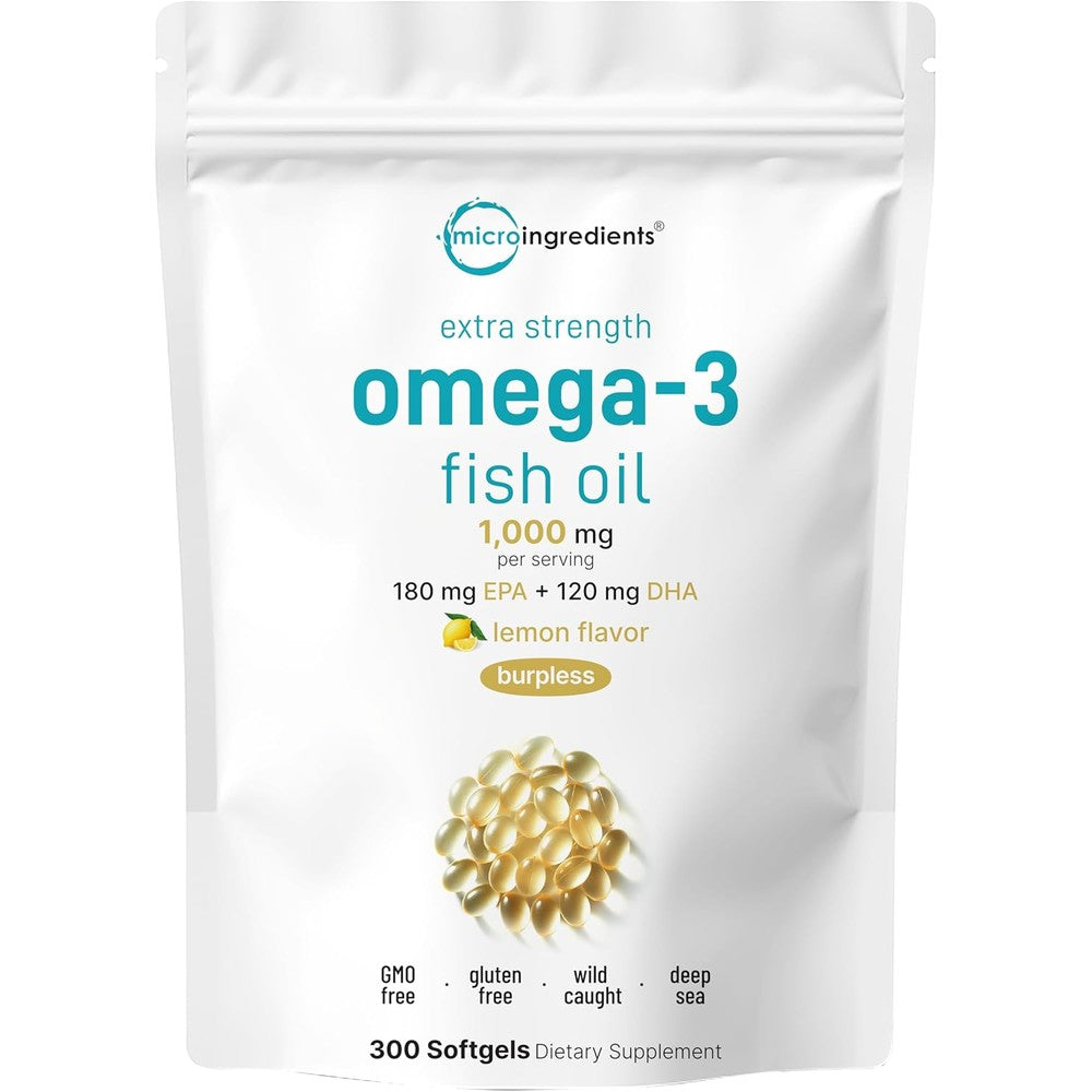 Micro Ingredients Omega 3 Fish Oil 1000mg pouch front view showcasing premium dietary supplements.