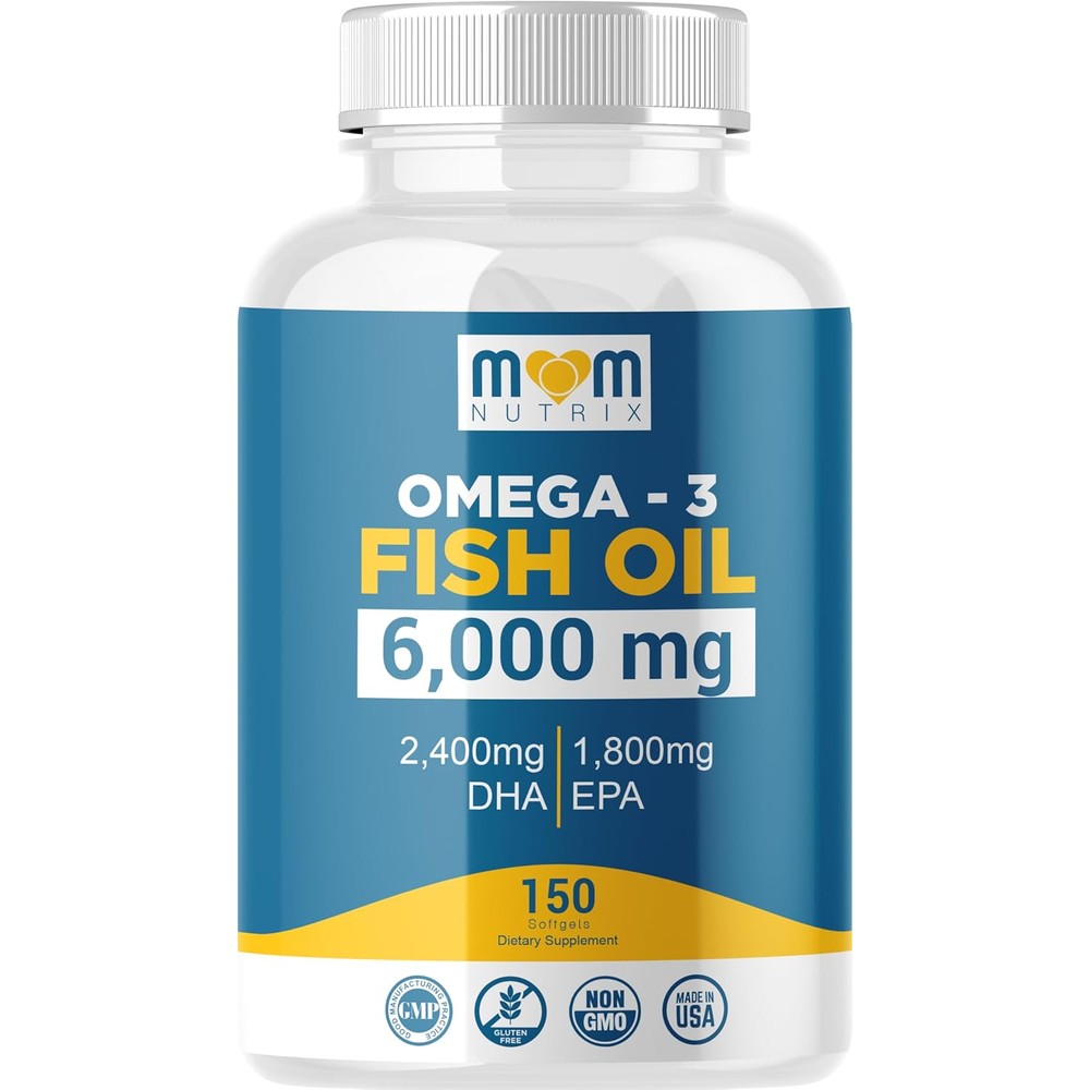 MOM NUTRIX Omega 3 Fish Oil 150 softgels front view bottle showing 6000mg maximum strength label