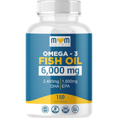 MOM NUTRIX Omega 3 Fish Oil 150 softgels front view bottle showing 6000mg maximum strength label