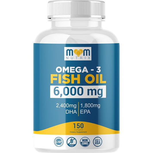 MOM NUTRIX Omega 3 Fish Oil 150 softgels front view bottle showing 6000mg maximum strength label