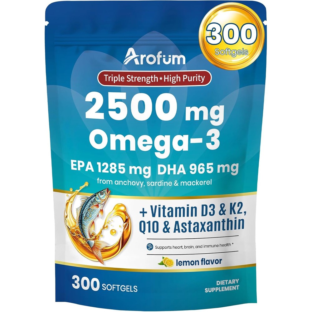 Arofum Omega 3 Fish Oil with Vitamin D3 K2 300 softgels bottle front view