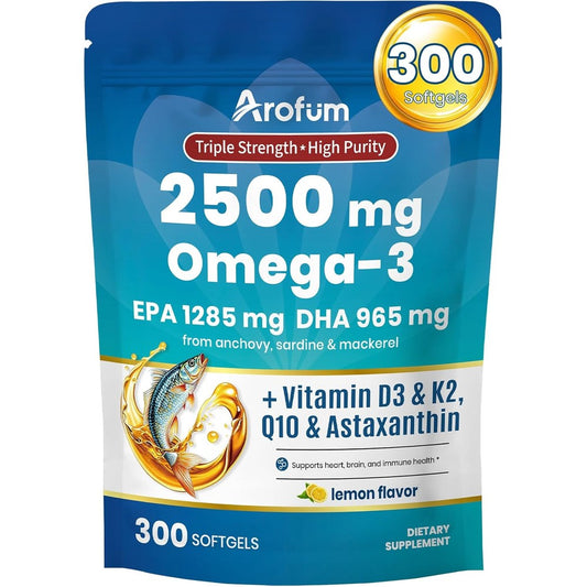 Arofum Omega 3 Fish Oil with Vitamin D3 K2 300 softgels bottle front view