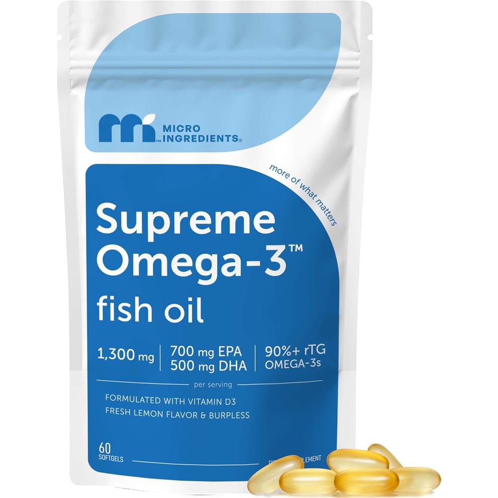 Micro Ingredients Supreme Omega 3 Fish Oil 60 softgels front packaging showing EPA DHA and Vitamin D3 metrics for premium heart health support.