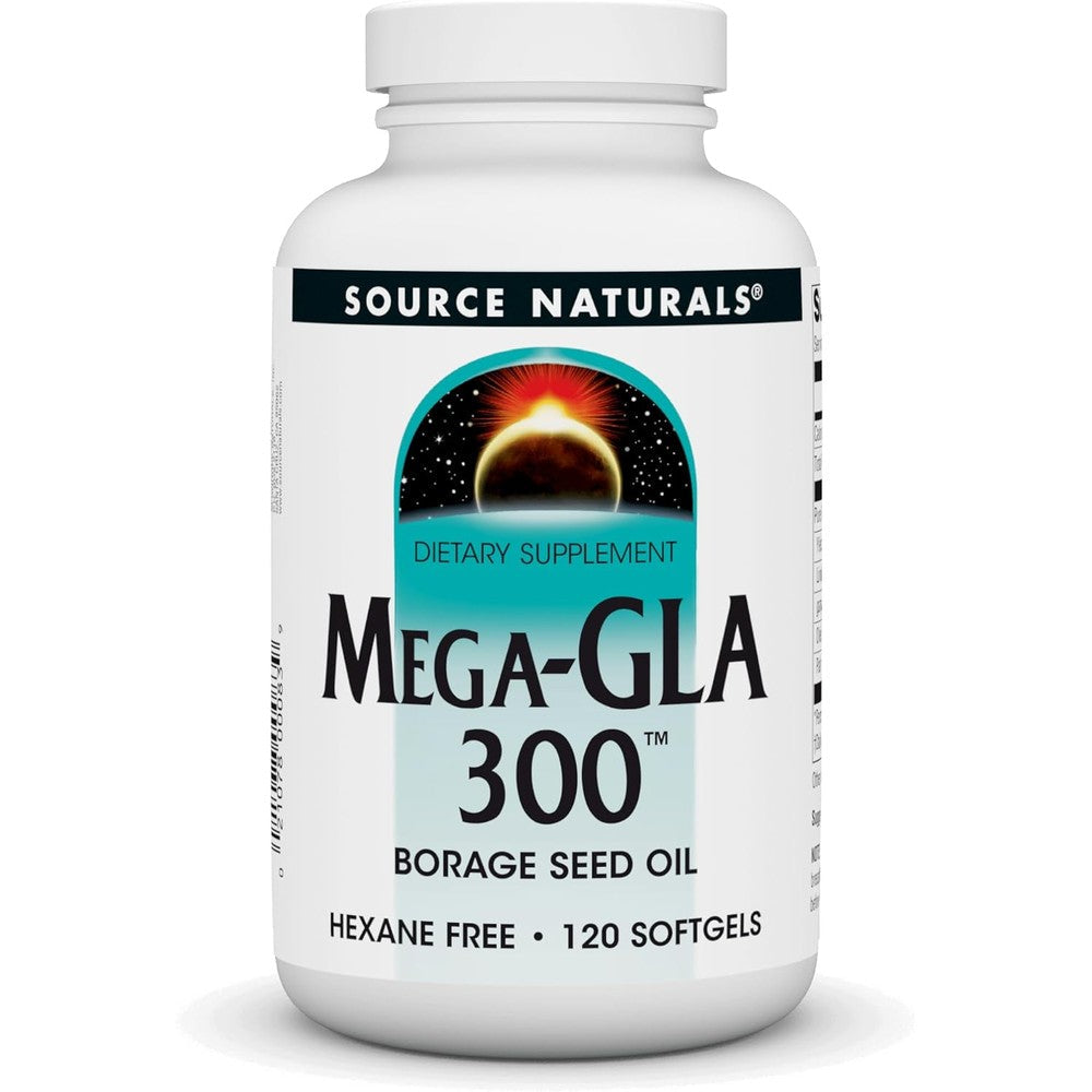 Source Naturals Mega-GLA 300 Borage Seed Oil 120 Softgels front view for premium dietary supplements.