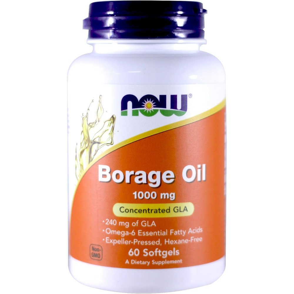 Now Foods Borage Oil 1000 Milligrams 60 Softgels front bottle view showing essential fatty acids supplement details.