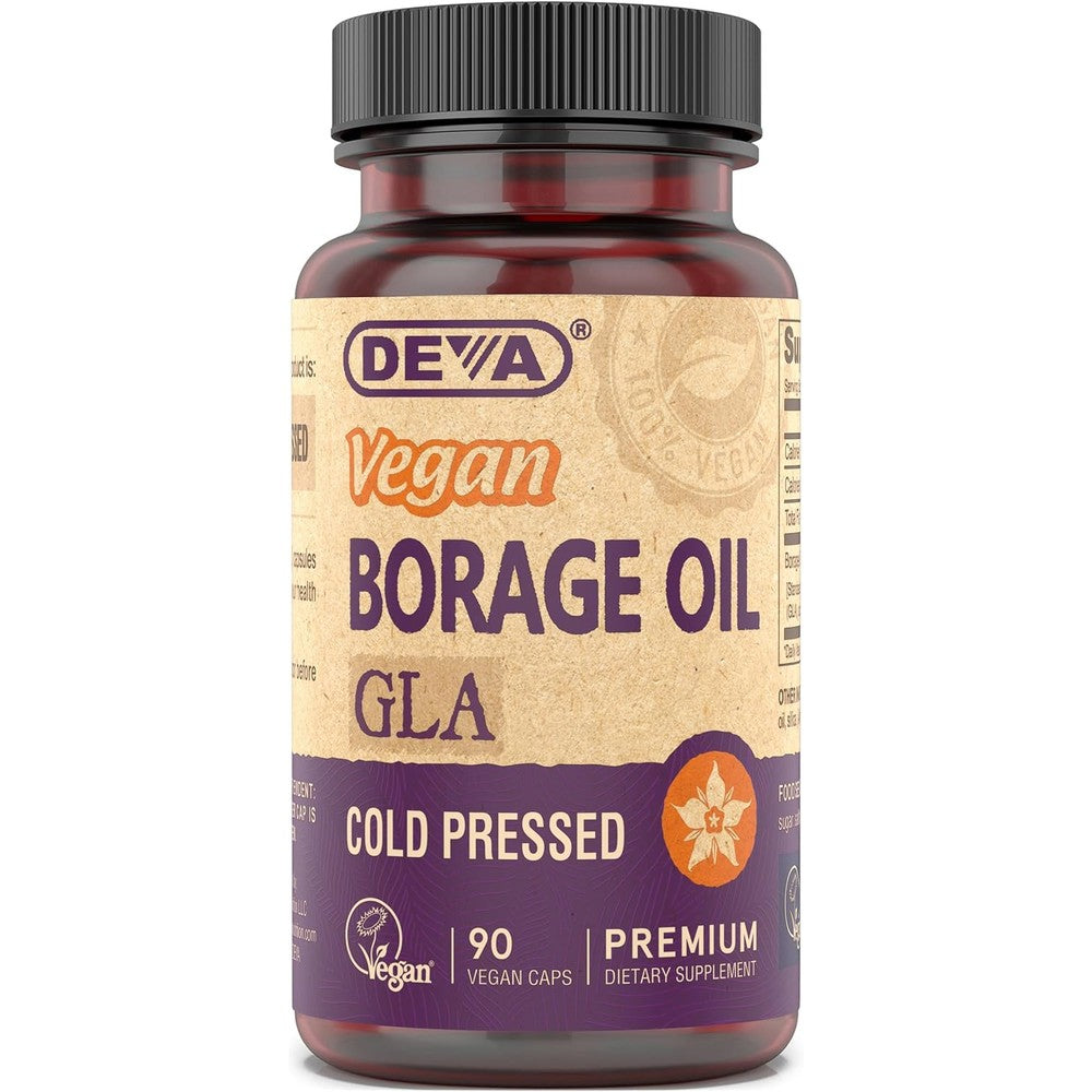DEVA Vegan Vitamins Borage Oil 500mg front bottle view showcasing plant-based omega-6 supplements.