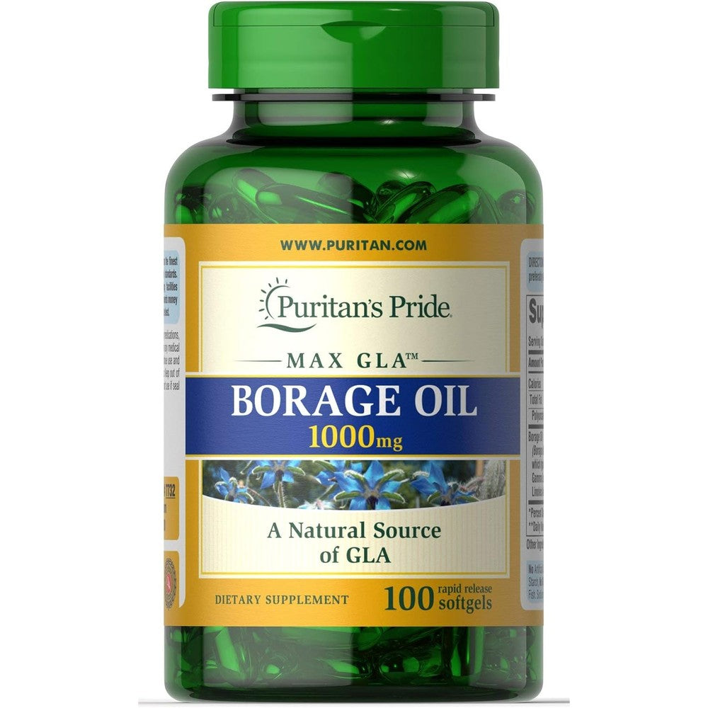 Puritan's Pride Borage Oil 1000 Mg 60 Softgels front bottle view authentic USA imported omega 6 supplement