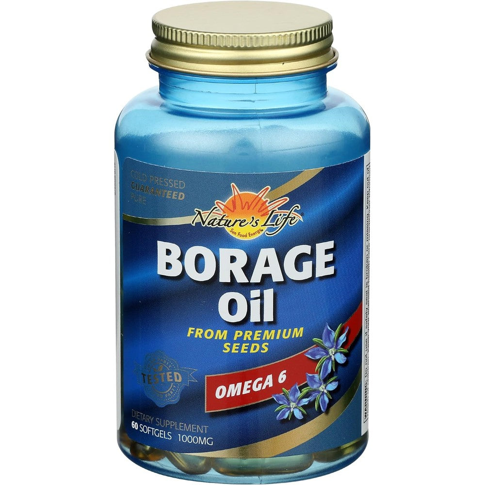 Nature's Life Borage Oil 1300mg front bottle view for skin hydration supplements in India.