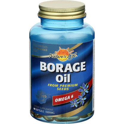 Nature's Life Borage Oil 1300mg front bottle view for skin hydration supplements in India.