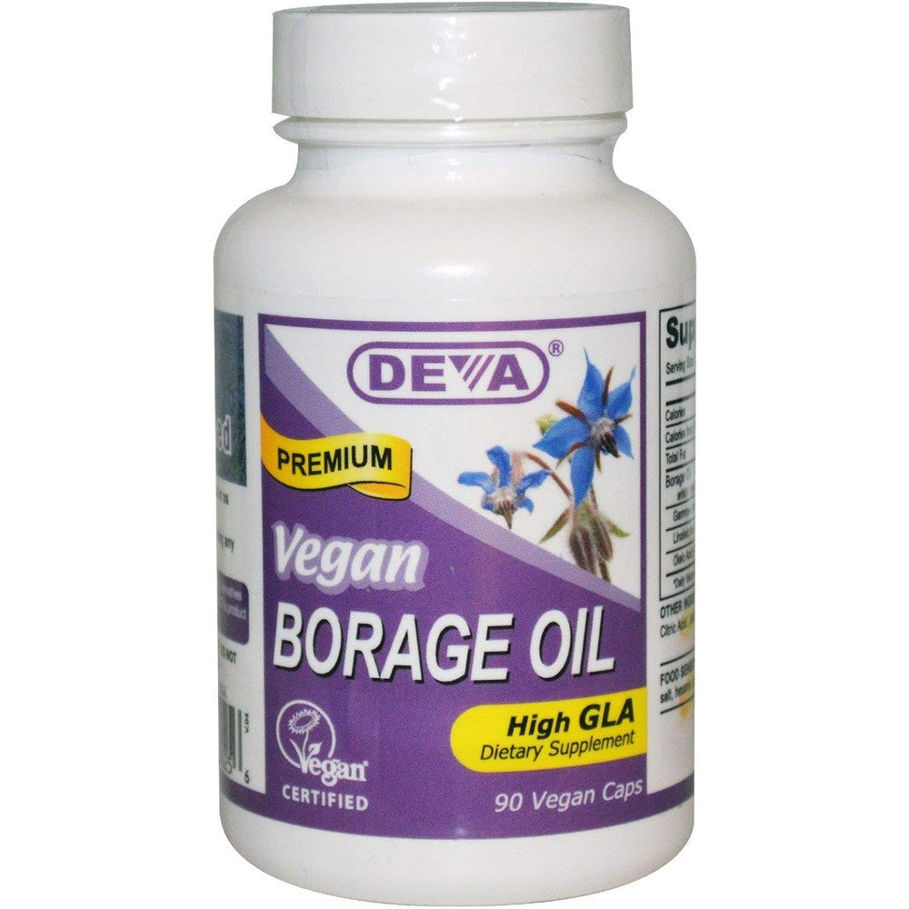 Deva Vegan Borage Oil 500 mg front view authentic plant based omega 6 supplement bottle