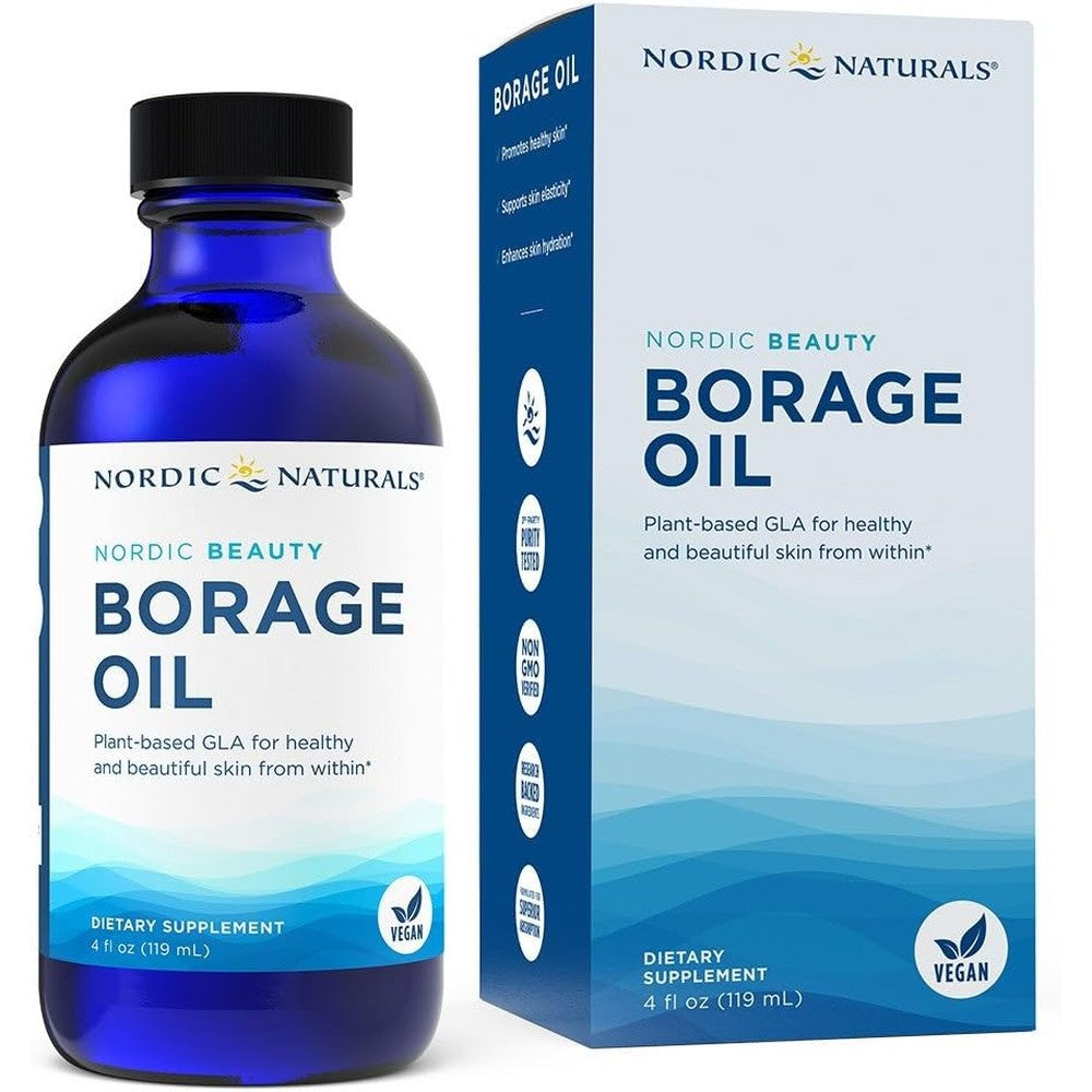 Nordic Naturals Nordic Beauty Borage Oil Liquid unflavored four fluid ounces front view showing authentic product label.
