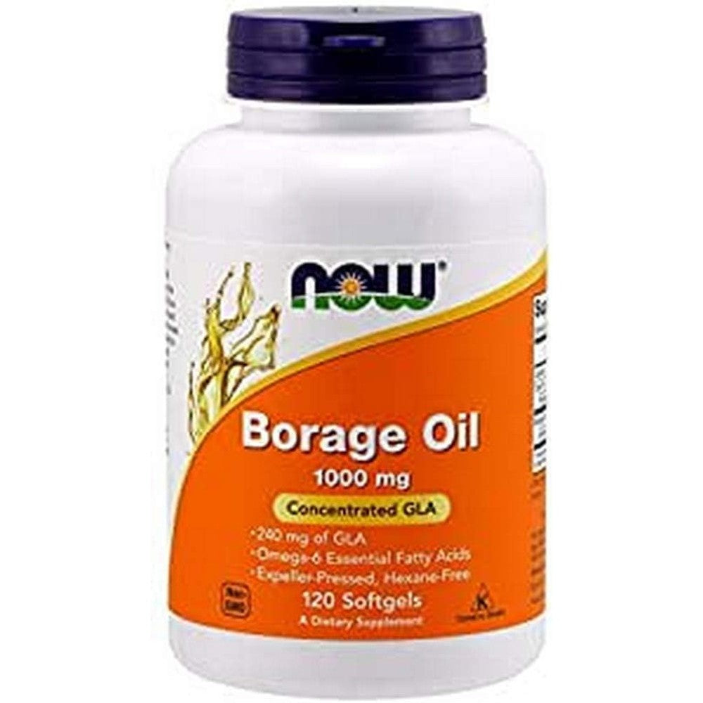 NOW Foods Borage Oil 1000 Milligrams 120 Softgels bottle front view for authentic skin health supplement online India