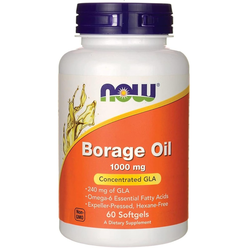 NOW Foods Borage Oil 1000mg 60 softgels front bottle view showing Omega 6 essential fatty acid profile