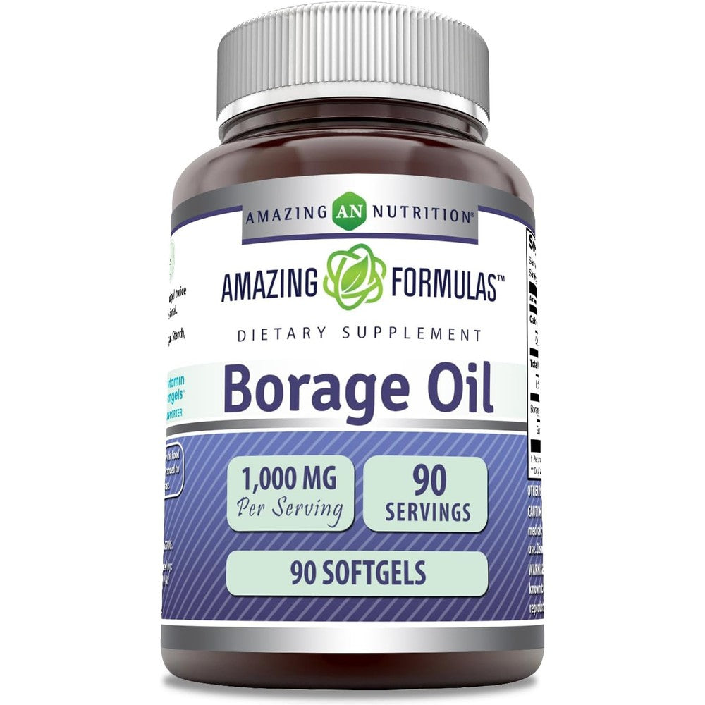 Amazing Formulas Borage Oil 2000 Milligrams 90 Softgels front view bottle for premium skin health supplement