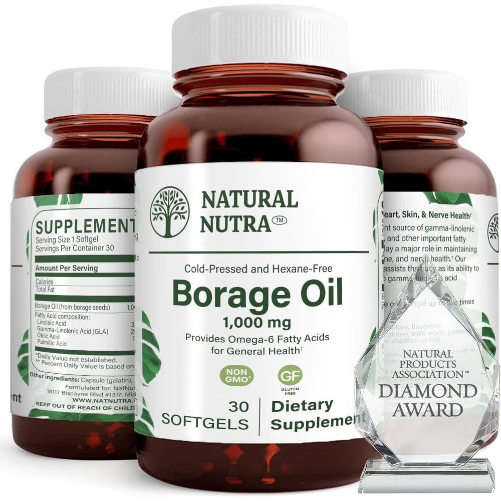 Natural Nutra Borage Oil 30 softgels bottle front view displaying the premium clear label and packaging.