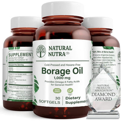Natural Nutra Borage Oil 30 softgels bottle front view displaying the premium clear label and packaging.