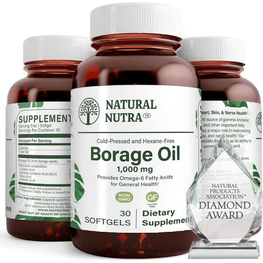 Natural Nutra Borage Oil 30 softgels bottle front view displaying the premium clear label and packaging.