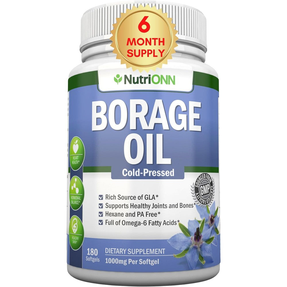 NutriONN Borage Seed Oil 1000 mg 180 softgels bottle front view for hormonal balance support