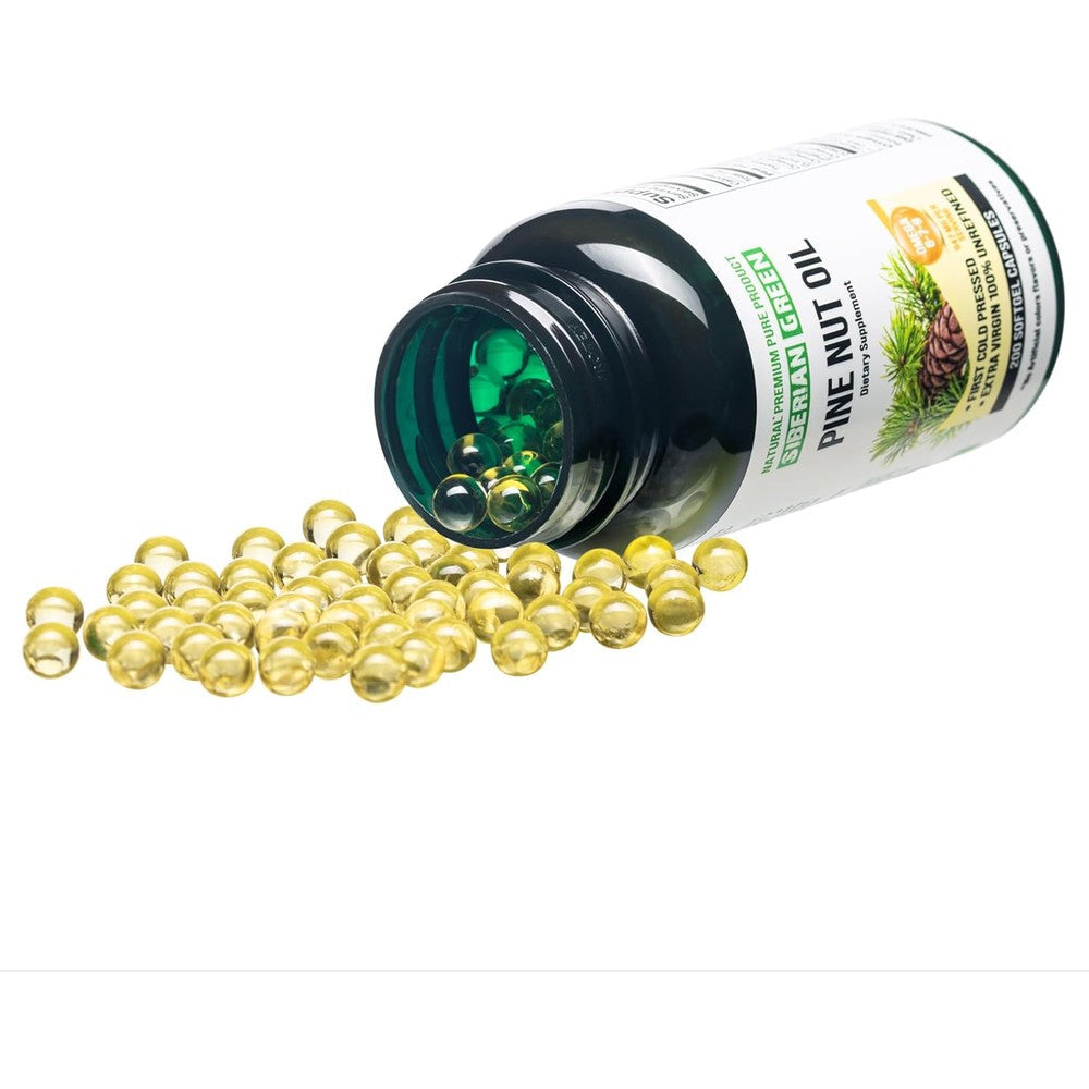 Siberian Green Pine Nut Oil 200 Softgels front view bottle of cold pressed dietary supplement.