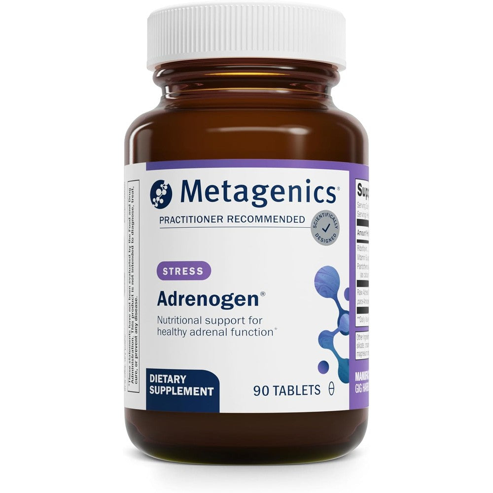 Metagenics Adrenogen 90 tablets front view showing authentic packaging for adrenal support.