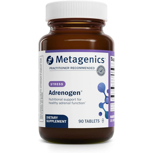 Metagenics Adrenogen 90 tablets front view showing authentic packaging for adrenal support.