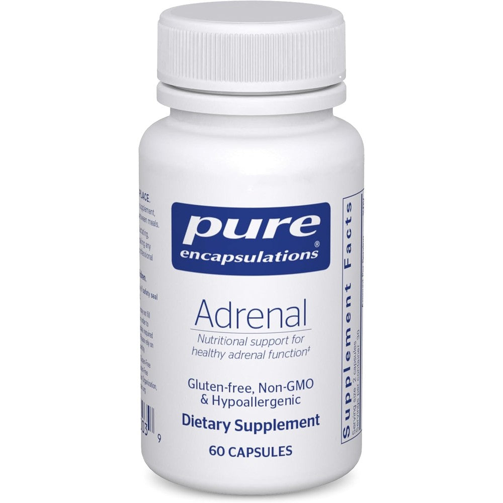 Pure Encapsulations Adrenal 60 capsules front view showing authentic imported label for stress support