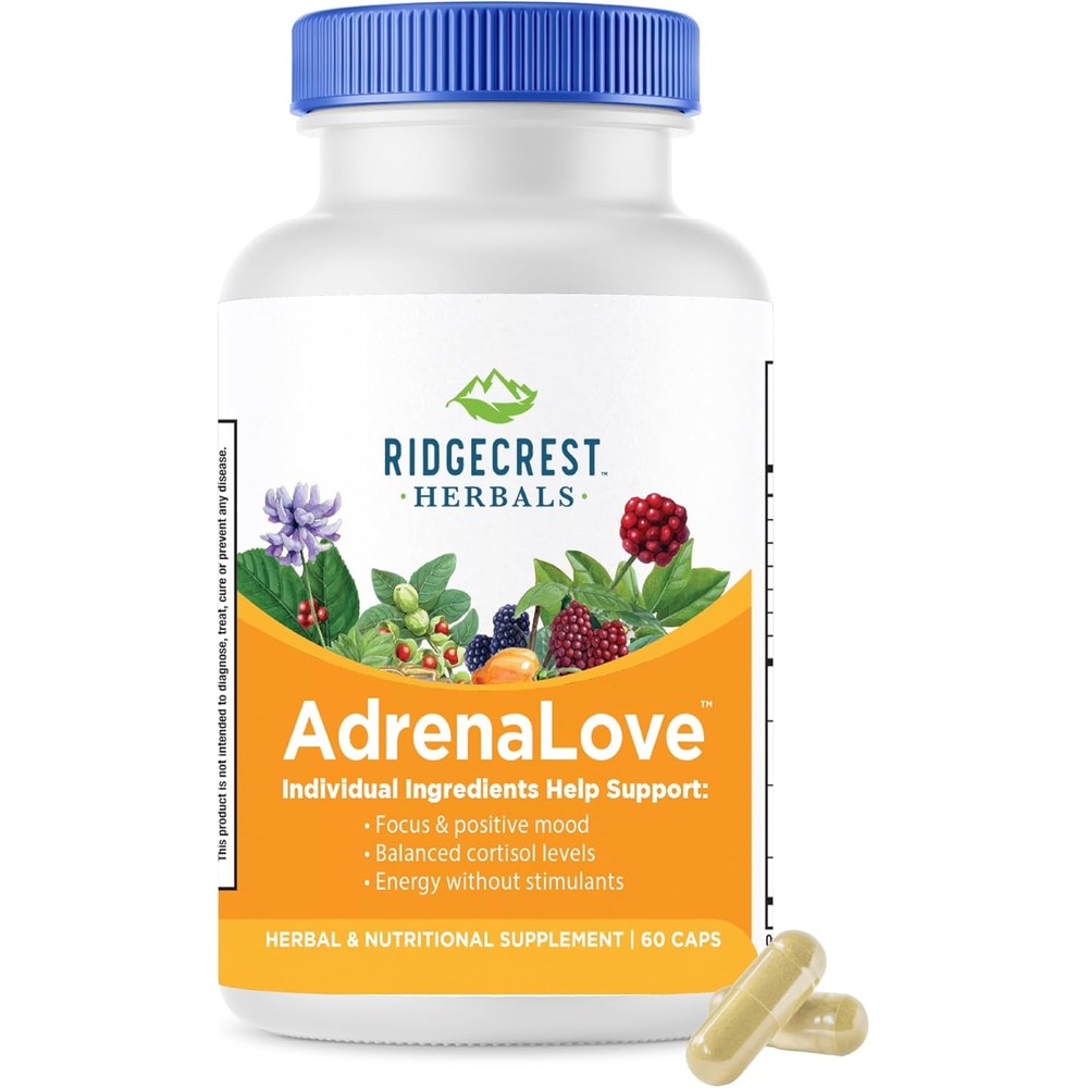 RidgeCrest Herbals AdrenaLove Stress and Energy Support Supplement front view bottle containing 60 capsules