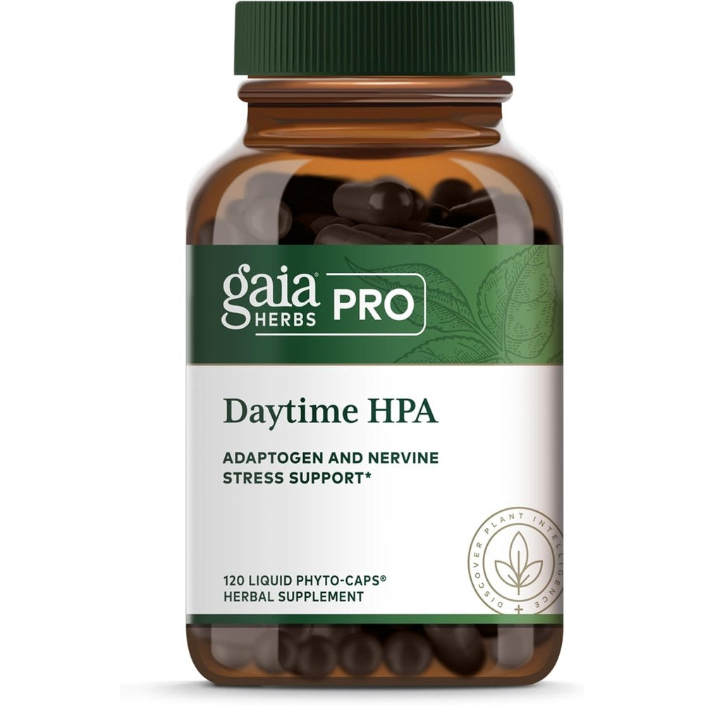 Gaia Herbs PRO Daytime HPA 120 Liquid Phyto Capsules front view bottle for adrenal support