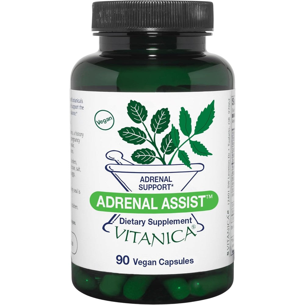 Vitanica Adrenal Assist 90 vegetarian capsules front bottle view for stress support