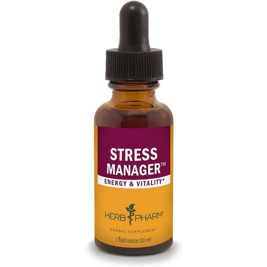 Herb Pharm Stress Manager Adaptogenic Tincture front view liquid herbal supplement for natural stress relief.