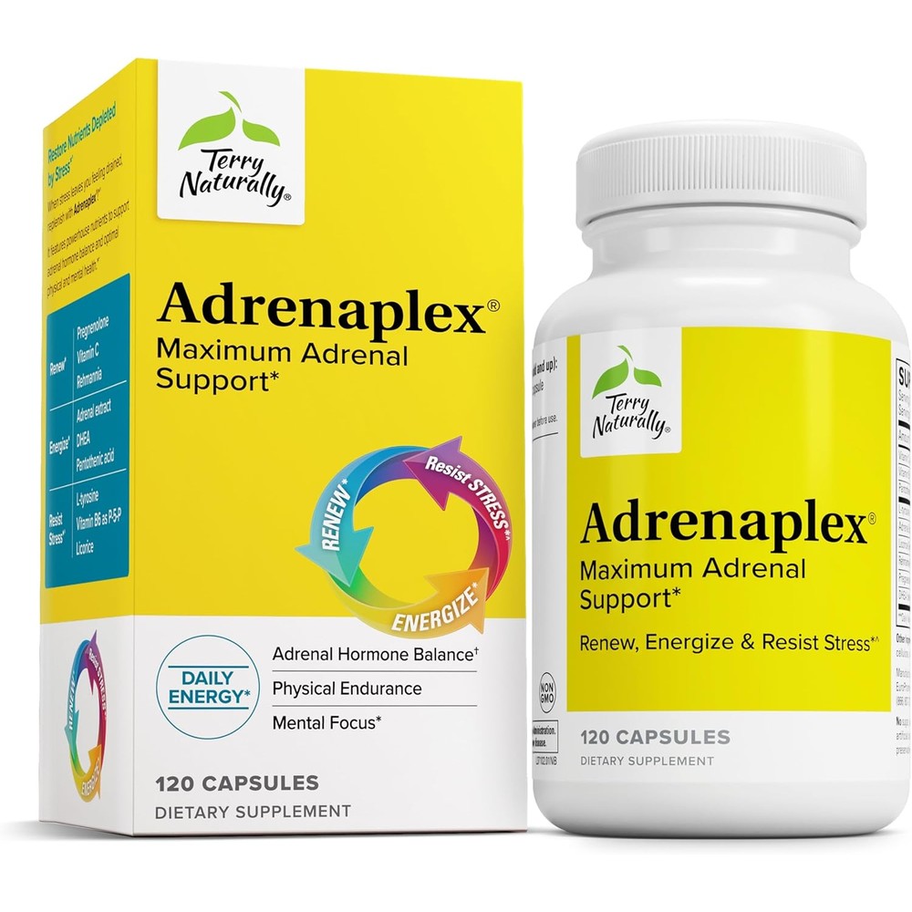 Terry Naturally Adrenaplex 120 Capsules bottle front view for premium adrenal gland support.