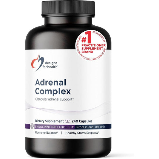 Designs for Health Adrenal Complex 240 capsules front bottle view for stress support